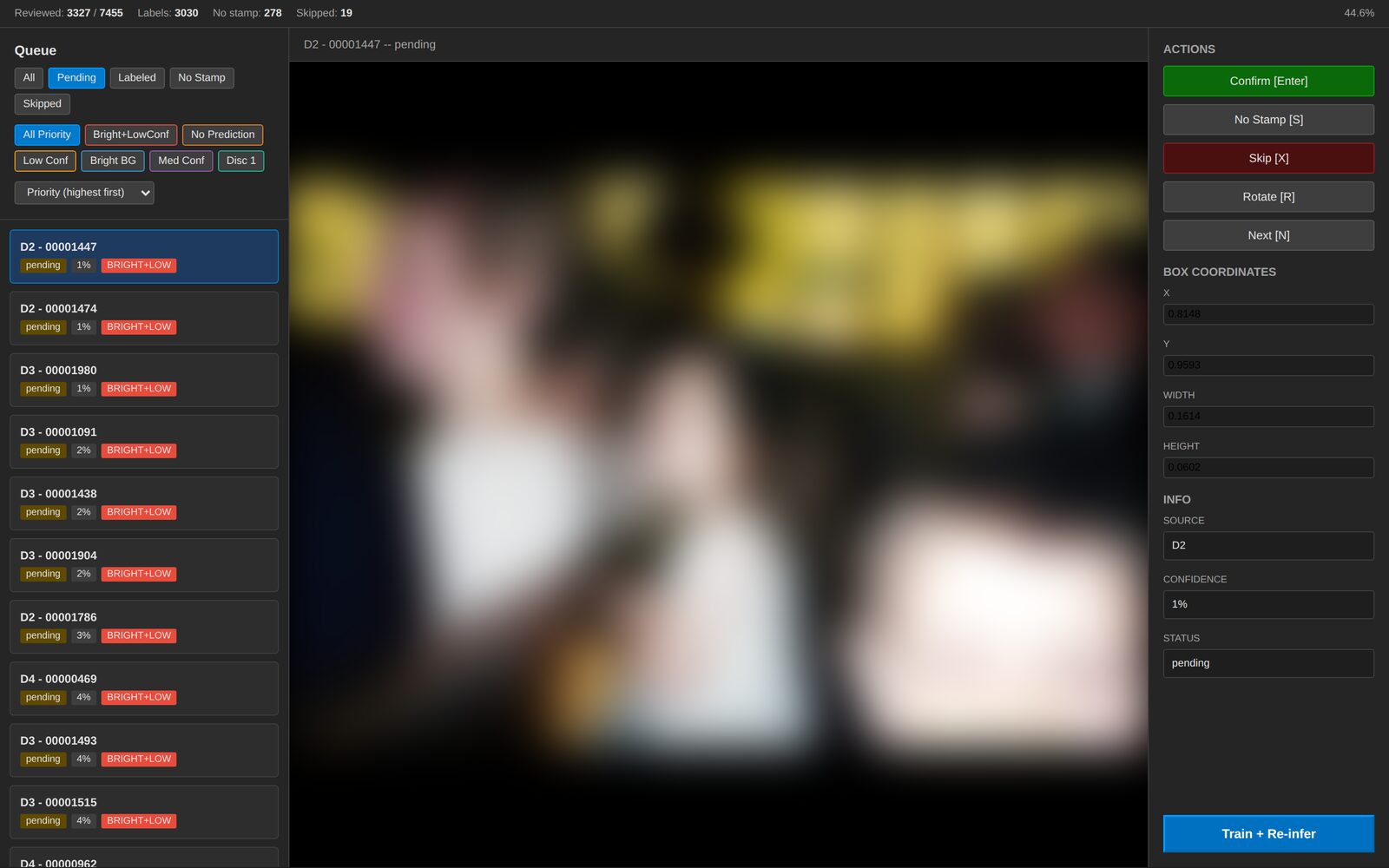 Screenshot of the corrections dashboard: a prioritized review queue of predictions runs down the left (each item tagged with its confidence and 'pending' status), the center pane shows the current scan with its proposed bounding box (blurred here for privacy), and the right pane has Confirm / No Stamp / Skip / Rotate / Next action buttons plus box coordinates, source, confidence, and status fields. A 'Train + Re-infer' button sits at the bottom-right.
